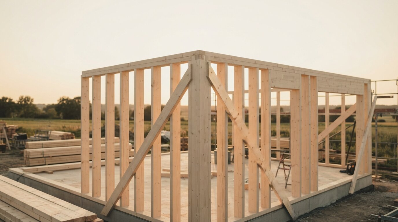 Holzrahmen eines Holzständerhauses im Rohbau, Eckansicht auf der Baustelle bei Abendlicht