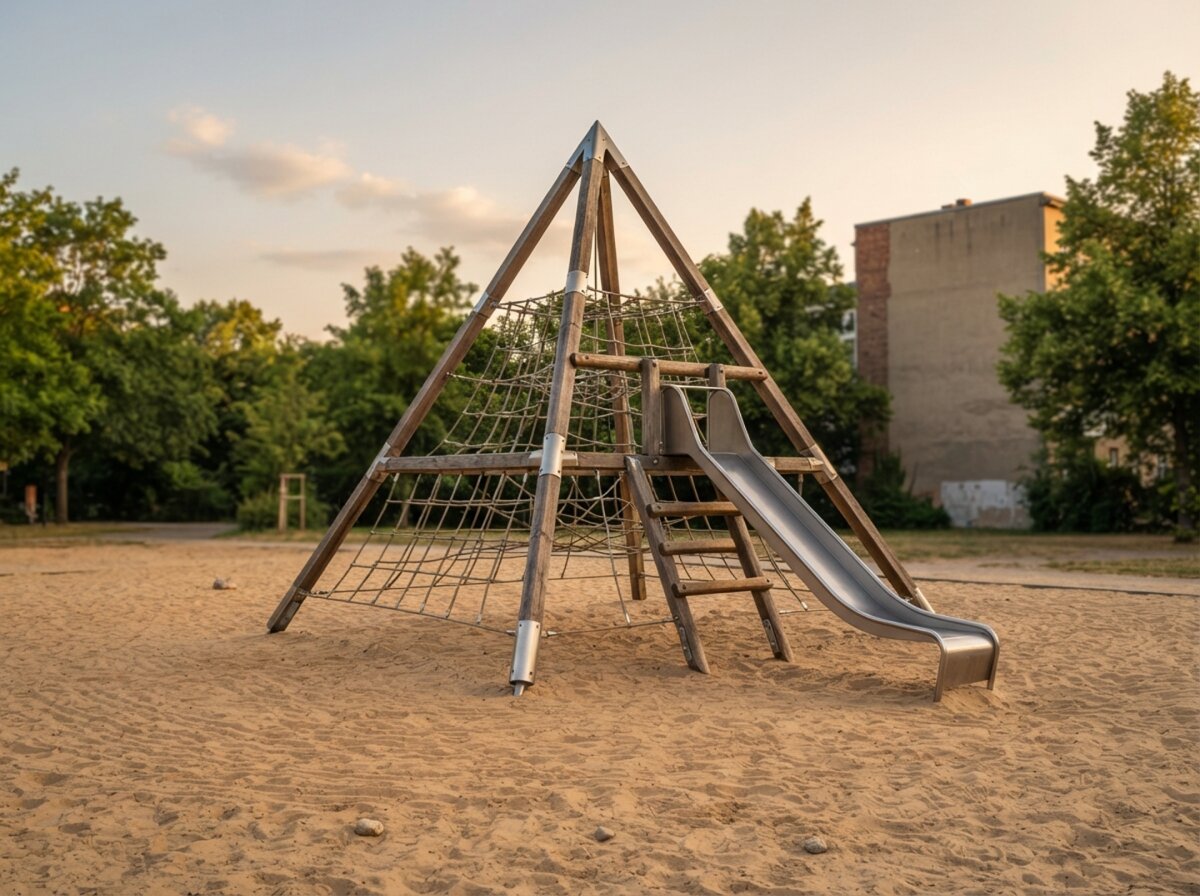 Pyramidenförmiges Klettergerüst aus Eichenpfosten und Edelstahl mit Rutsche auf einem Spielplatz